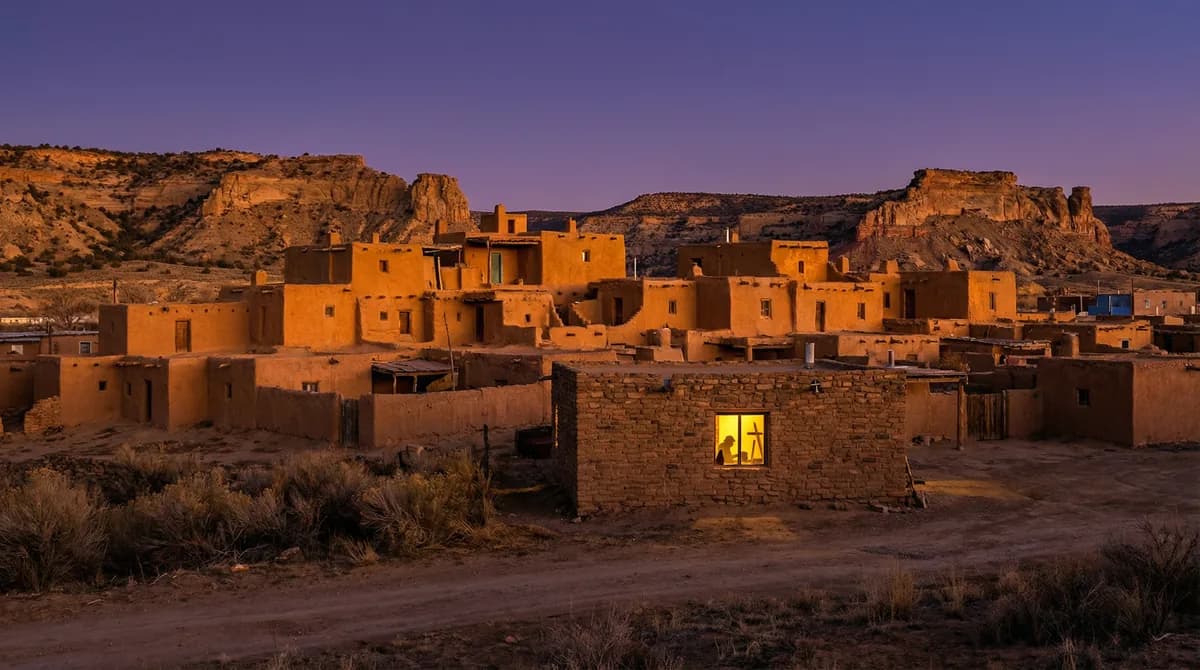 Zuni Pueblo mesa-top settlement in late afternoon light with adobe architecture against a violet-blue sky