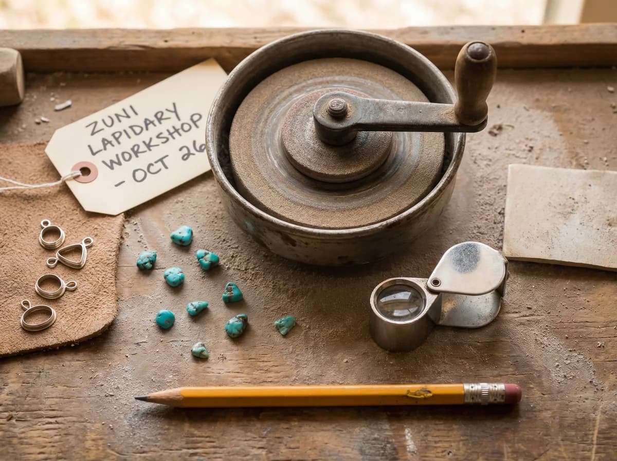 Zuni lapidary workspace with hand-operated grinding wheel, tiny turquoise preforms, and silver bezels