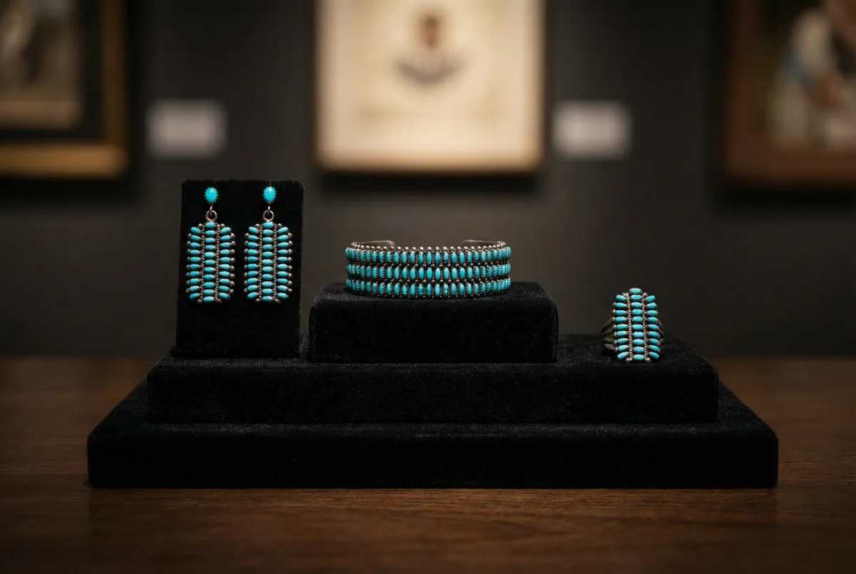 Matched Zuni needlepoint jewelry set — earrings, ring, and bracelet — on tiered black velvet risers