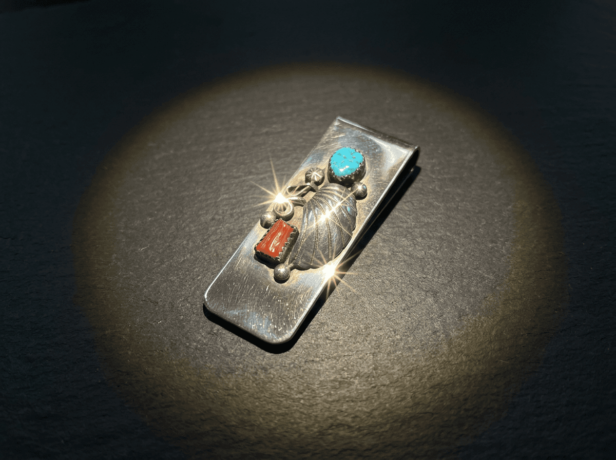 Stainless Steel & Sterling Silver Kingman Turquoise & Coral Money Clip #008 - image 1 of 1