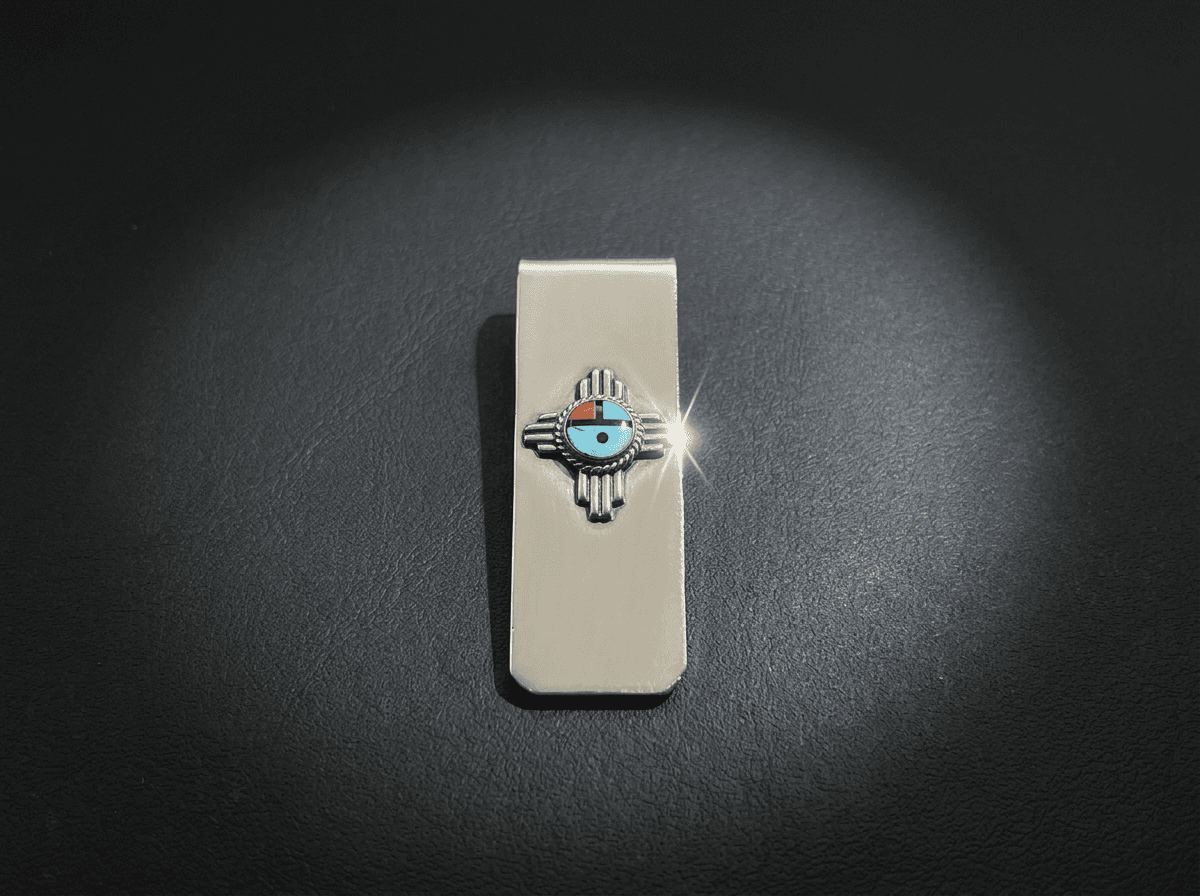 Stainless Steel & Sterling Silver Kingman Turquoise, Coral & Mother of Pearl Money Clip #010 - image 1 of 1