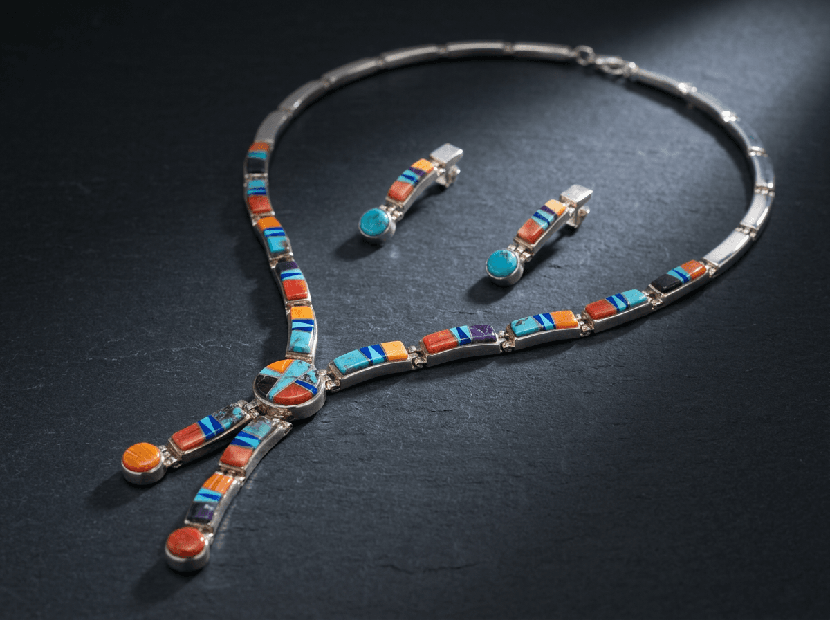 Inlay - Sterling Silver Spiny Oyster, Kingman Turquoise & Lapis Lazuli Jewelry Set #015 - image 1 of 1