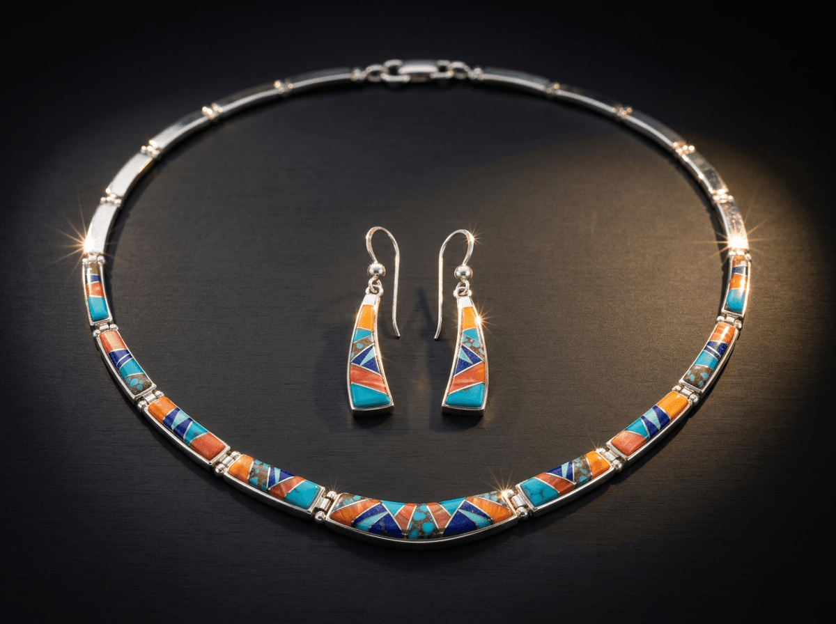 Inlay - Sterling Silver Kingman Turquoise, Spiny Oyster & Lapis Lazuli Jewelry Set #011 - image 1 of 1