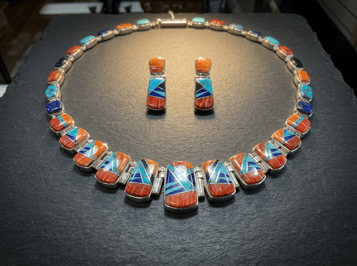 Inlay - Sterling Silver Spiny Oyster, Kingman Turquoise & Lapis Lazuli Jewelry Set #014 - image 1 of 1