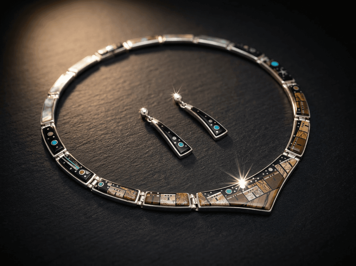 Pueblo Inlay - Sterling Silver Onyx, Tiger Eye & Picture Jasper Jewelry Set #021 - image 1 of 1