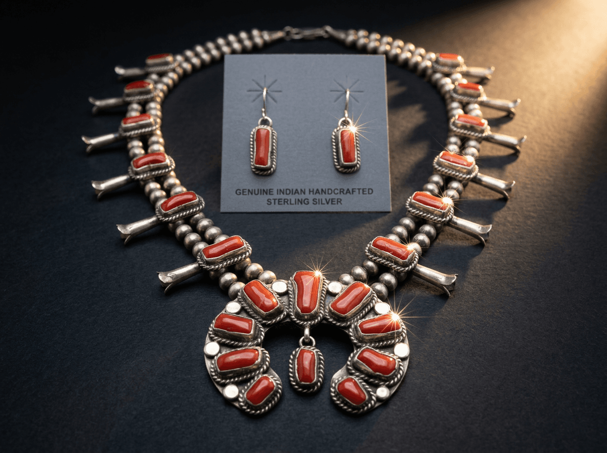 Squash Blossom - Sterling Silver Coral Jewelry Set #027 - image 1 of 1