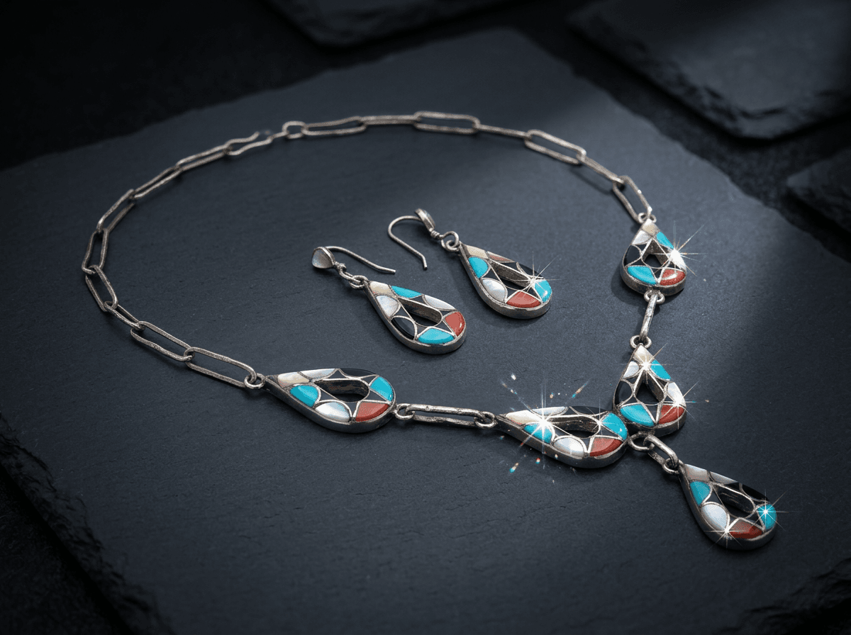 Sterling Silver Kingman Turquoise, Mother of Pearl & Coral Jewelry Set #033 - image 1 of 1