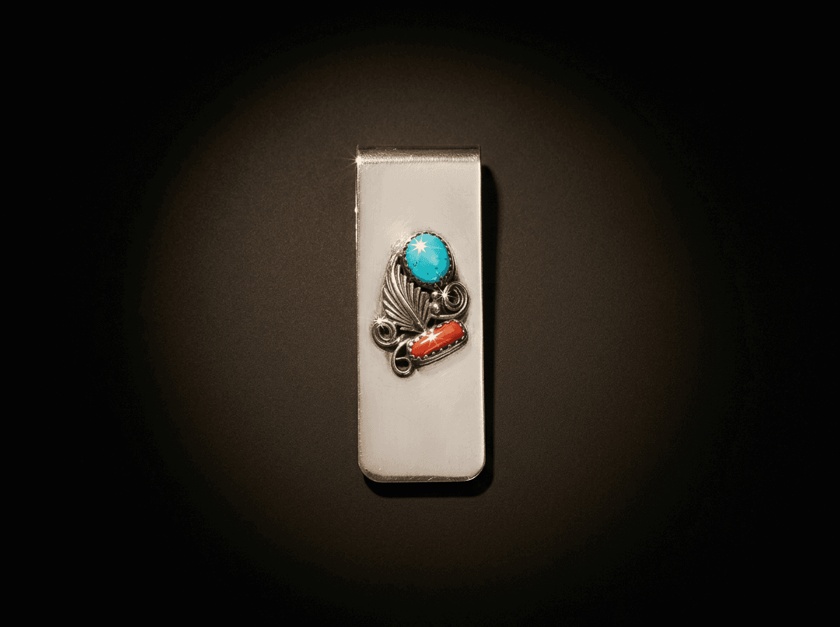 Stainless Steel & Sterling Silver Kingman Turquoise & Coral Money Clip #009 - image 1 of 1