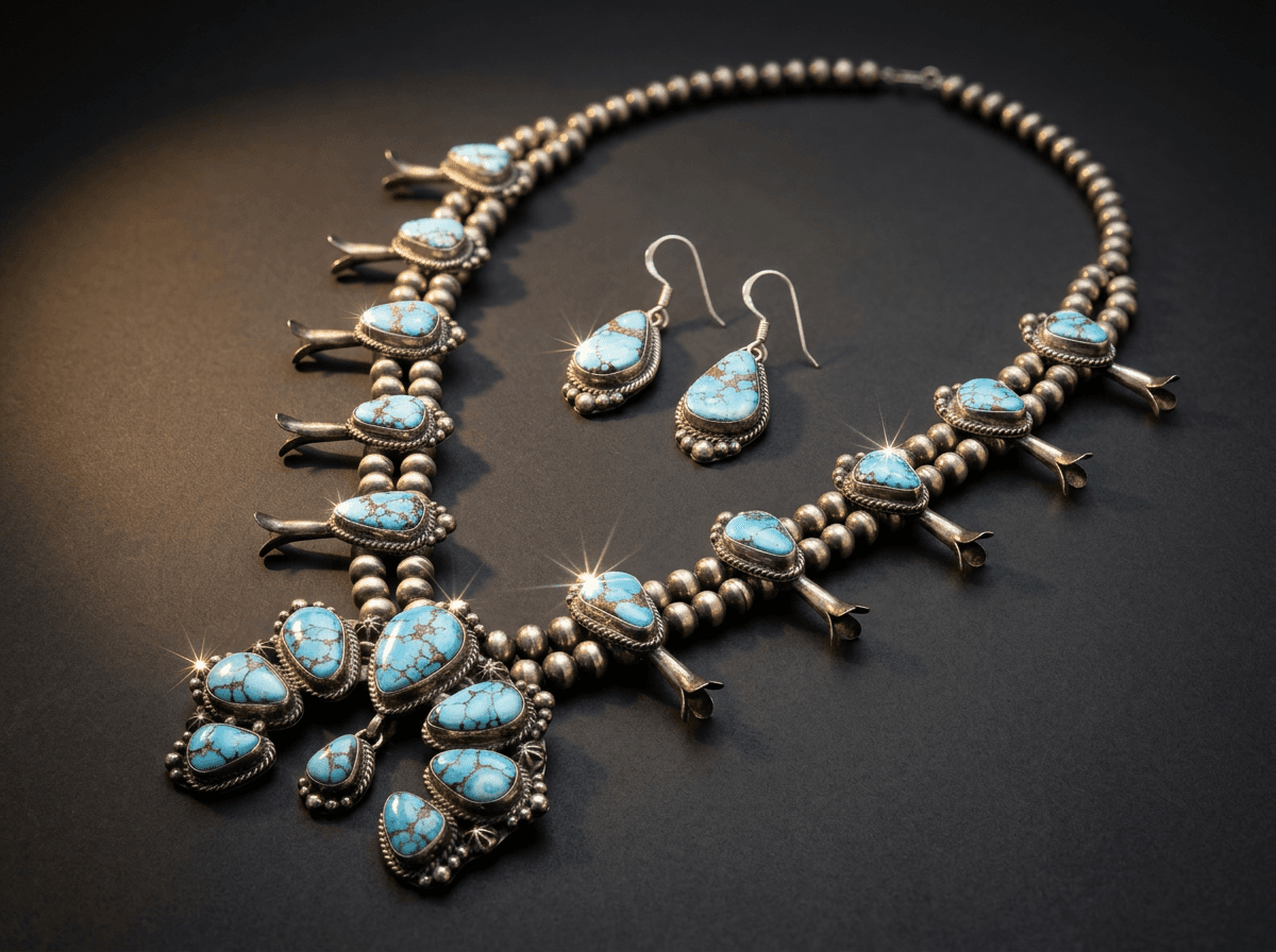 Squash Blossom - Sterling Silver Golden Hills Turquoise Jewelry Set #003 - image 1 of 1