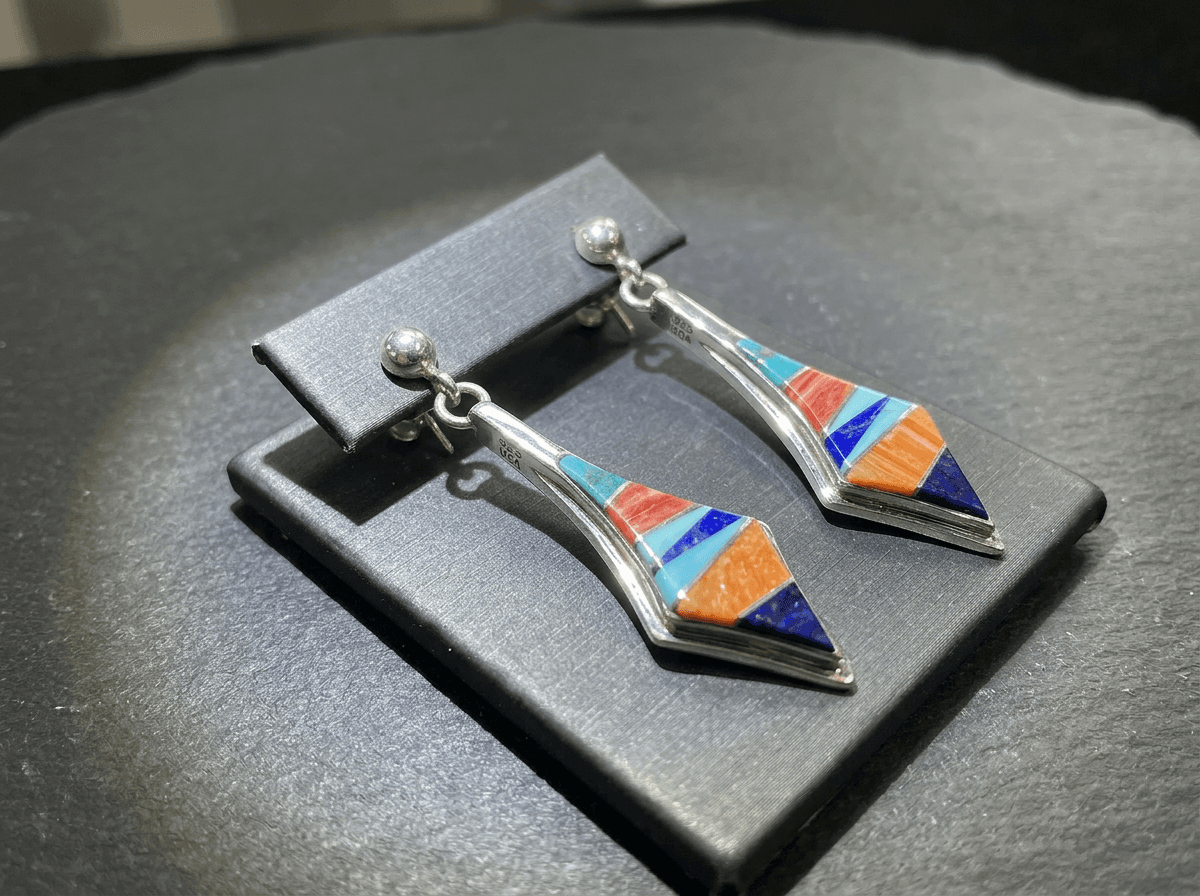 Sterling Silver Spiny Oyster, Kingman Turquoise & Lapis Lazuli Earrings - Post #018 - image 1 of 1