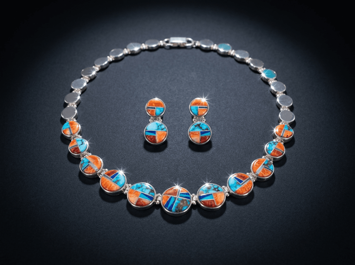 Inlay - Sterling Silver Spiny Oyster, Kingman Turquoise & Lapis Lazuli Jewelry Set #013 - image 1 of 1