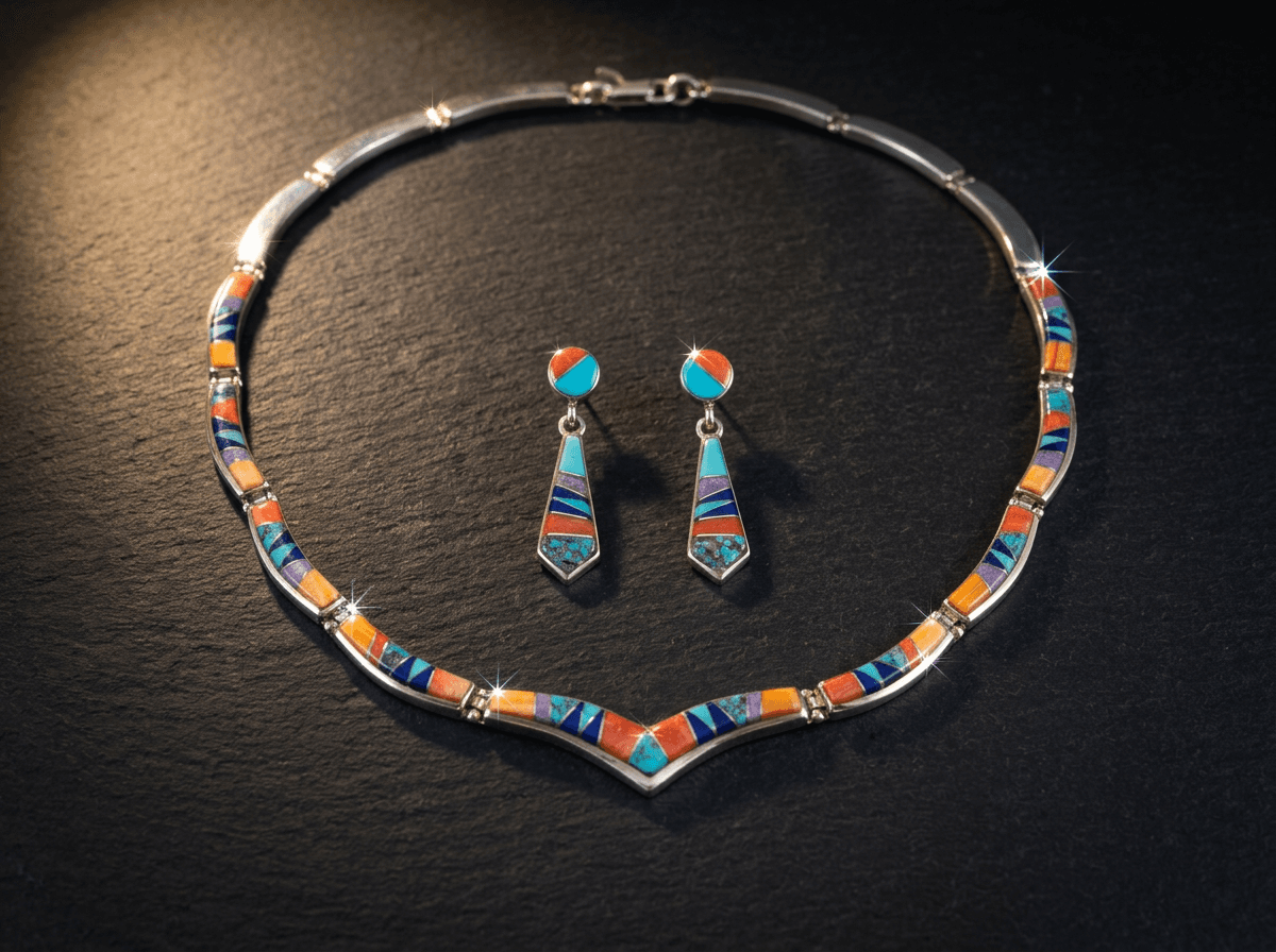 Inlay - Sterling Silver Kingman Turquoise, Spiny Oyster & Lapis Lazuli Jewelry Set #010 - image 1 of 1