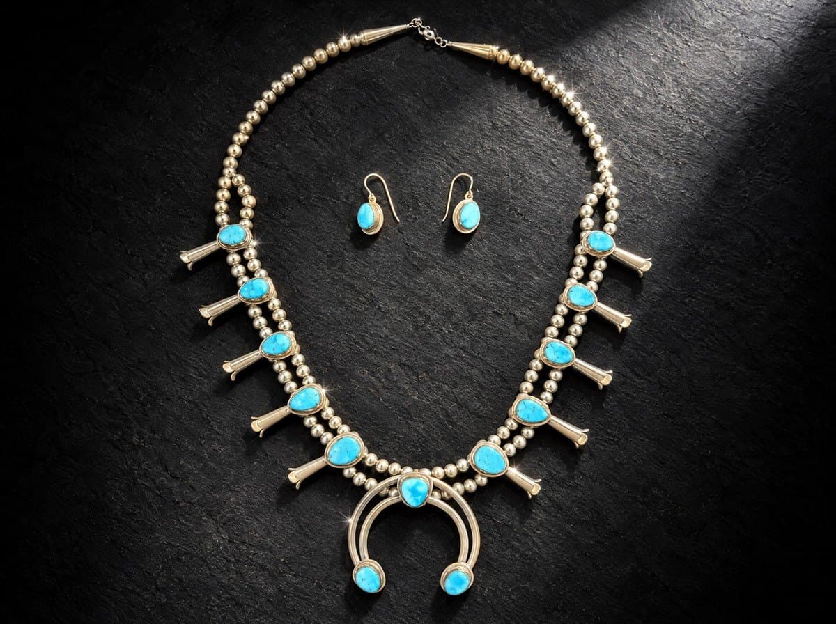 Squash Blossom - Sterling Silver Kingman Turquoise Jewelry Set #007 — Humiovi Sedona