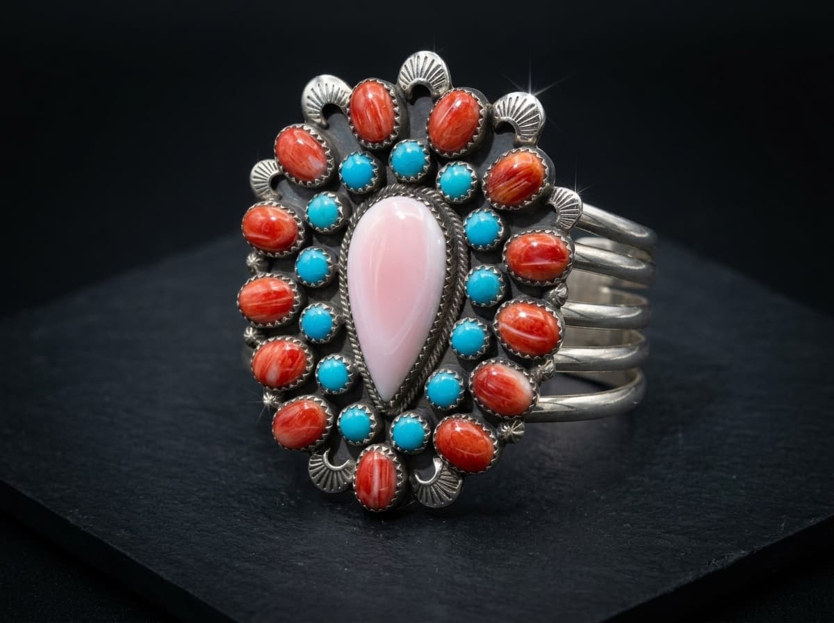 Sterling Silver Spiny Oyster, Conch Shell & Kingman Turquoise Bracelet - Size 7 #044 - image 1 of 1