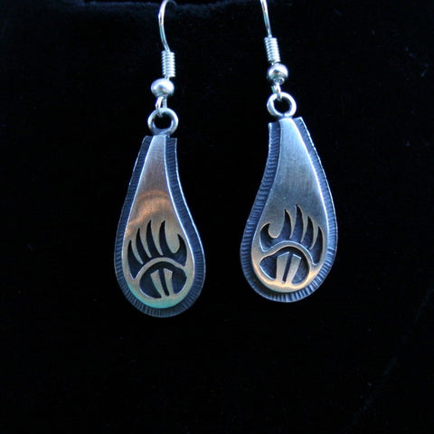 Hopi Bear Paw and Prayer Feathers Earrings 1.5″ Oval Silver Matte
