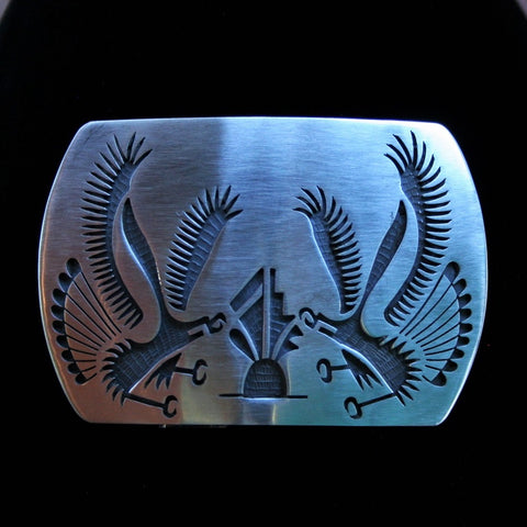 Hopi Eagle and Prayer Feathers Belt Buckle 3″ Rectangular Silver Matte
