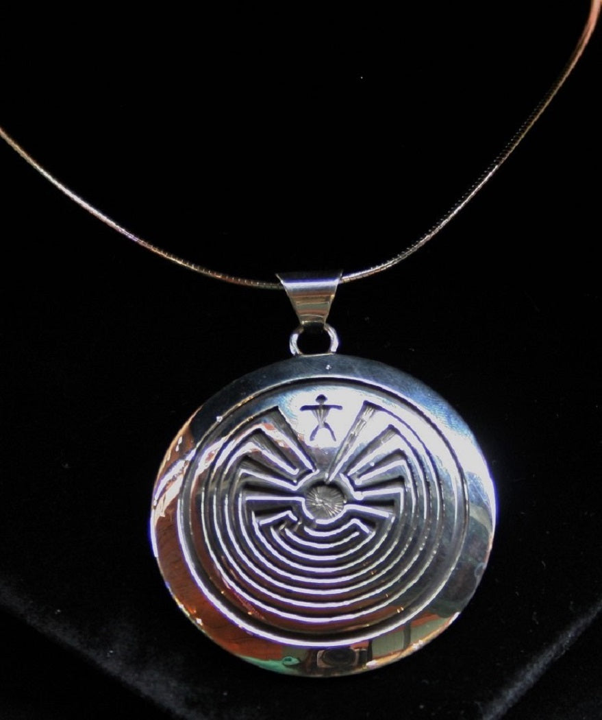Hopi Man in the Maze Pendant 2″ Round Glossy Silver