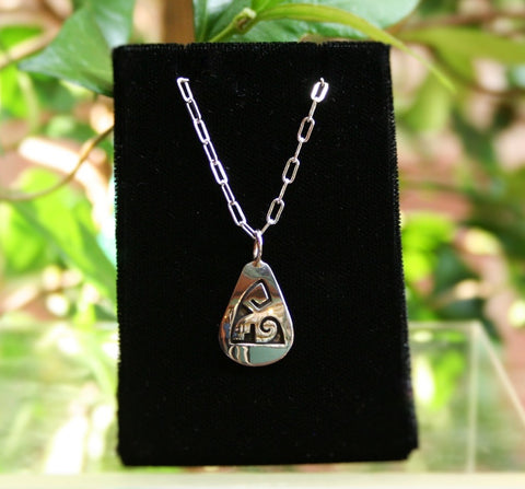 Hopi Water with Clouds Pendant 1″ Tear Drop Glossy Silver