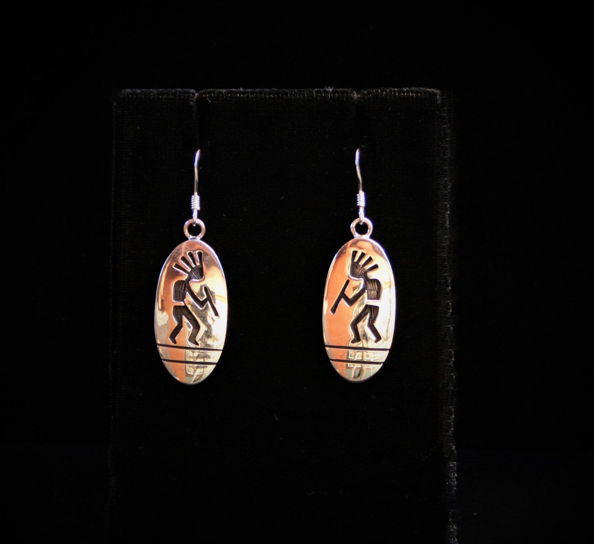 Hopi Kokopelli Earrings 1″ Oval Glossy Silver