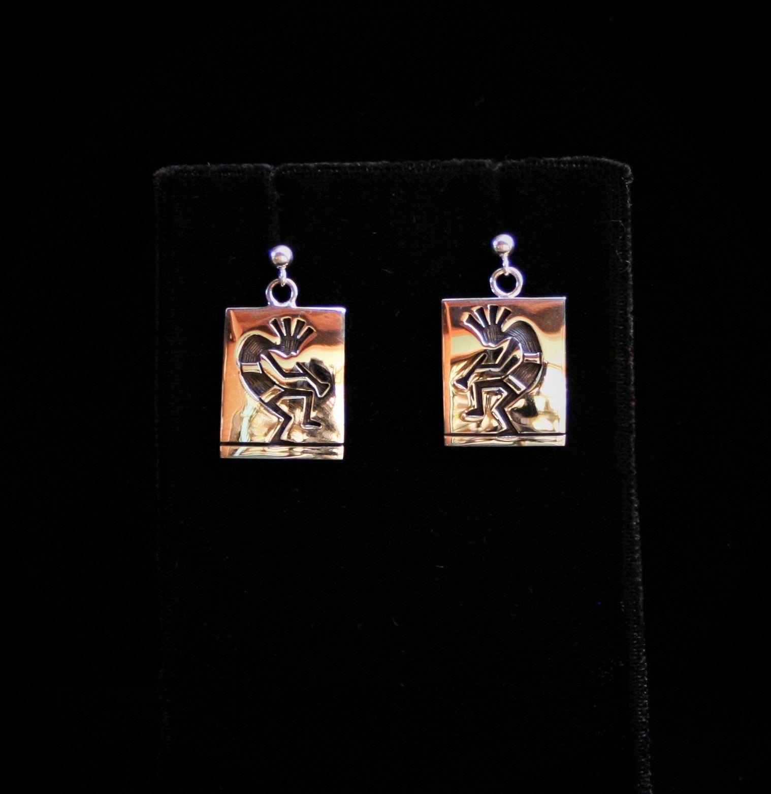 Hopi Kokopelli Earrings 3/4″ Square with Post Glossy Silver