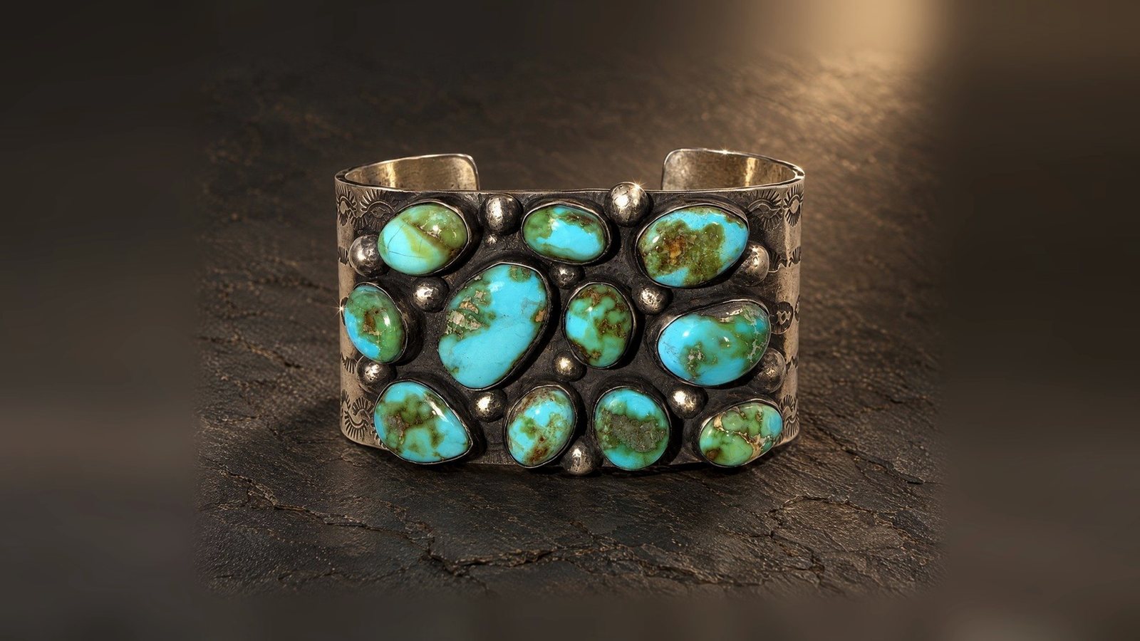 Cuffs: No. 013 in Sonora Gold turquoise from the front, inside and worn, a multi-stone cuff, and Kingman turquoise cuffs Nos. 189 and 129