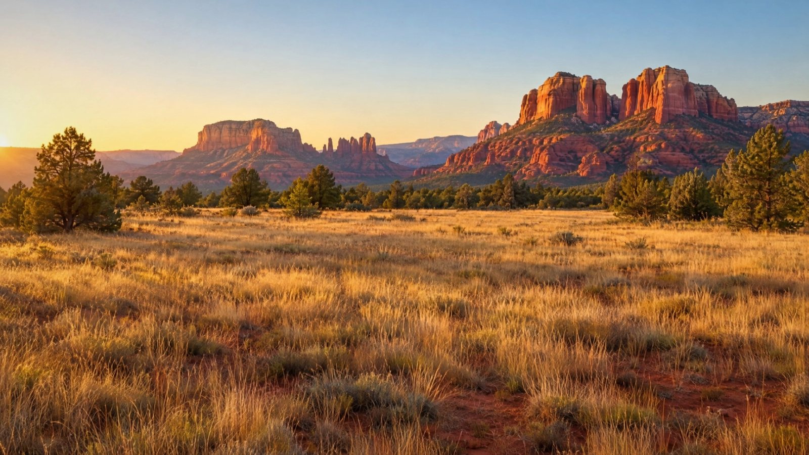 Horses gallop across a golden meadow below red rocks at sunset, then the meadow is still again